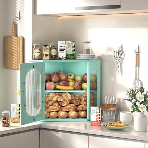 TQQDCI Corner Bread Box for Kitchen Countertop, Large Wooden Bread Box, Double Layer Bread Storage Bin, Bamboo Breadbox for Homemade Bread, Farmhouse Kitchen Organizer with Acrylic Window, Green - Image 5