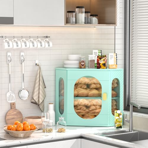 TQQDCI Corner Bread Box for Kitchen Countertop, Large Wooden Bread Box, Double Layer Bread Storage Bin, Bamboo Breadbox for Homemade Bread, Farmhouse Kitchen Organizer with Acrylic Window, Green - Image 4