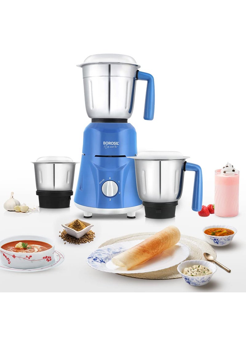 BOROSIL Borosil Star Mixer Grinder, For Wet/Dry Mixing & Grinding, 500 Watts, 3 Jars (400 ml Chutney Jar, 1.2 L Multipurpose Jar, 0.8 L Dry/Wet Grinding Jar), Mixie For Kitchen, Blue  - Image 1
