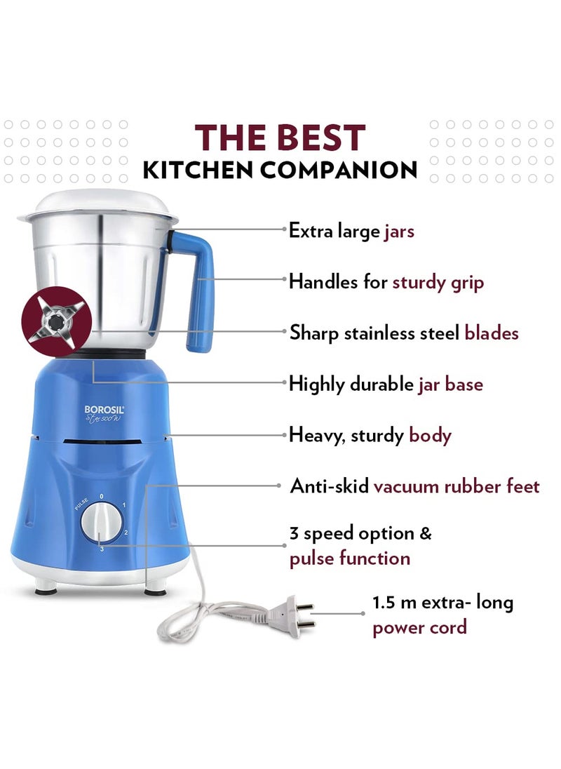 BOROSIL Borosil Star Mixer Grinder, For Wet/Dry Mixing & Grinding, 500 Watts, 3 Jars (400 ml Chutney Jar, 1.2 L Multipurpose Jar, 0.8 L Dry/Wet Grinding Jar), Mixie For Kitchen, Blue  - Image 4