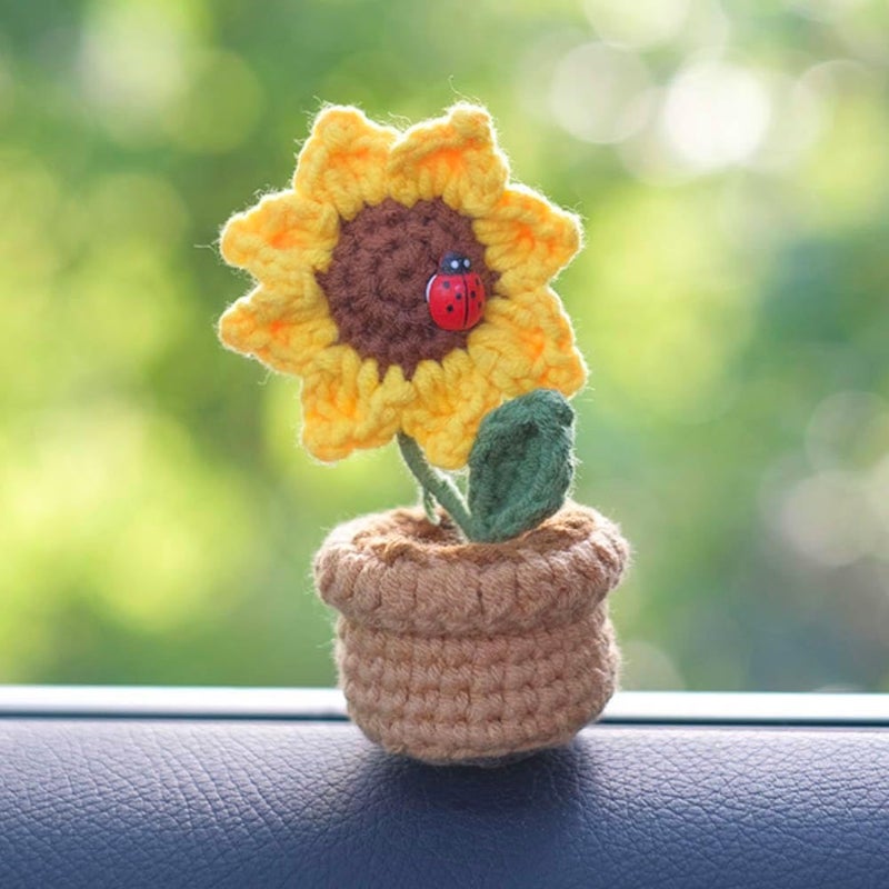 Yangshine 4 Pack Mini Artificial Flowers in Potted Handmade Crochet - Knitted Sunflowers, Tulips, Daisies and Roses for Home Office Car Decoration - Color #11 - Image 4