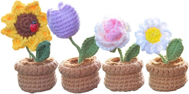Yangshine 4 Pack Mini Artificial Flowers in Potted Handmade Crochet - Knitted Sunflowers, Tulips, Daisies and Roses for Home Office Car Decoration - Color #11 - Image 1