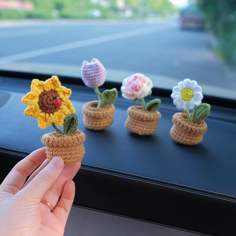 Yangshine 4 Pack Mini Artificial Flowers in Potted Handmade Crochet - Knitted Sunflowers, Tulips, Daisies and Roses for Home Office Car Decoration - Color #11 - Image 5