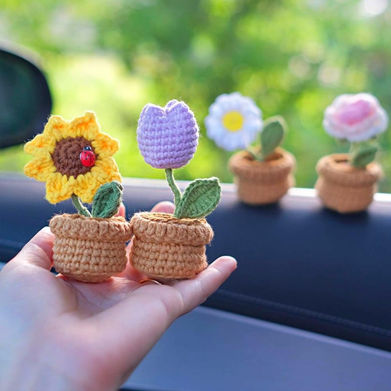Yangshine 4 Pack Mini Artificial Flowers in Potted Handmade Crochet - Knitted Sunflowers, Tulips, Daisies and Roses for Home Office Car Decoration - Color #11 - Image 3