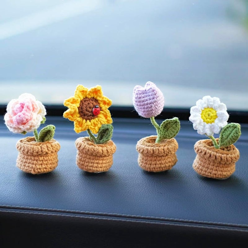Yangshine 4 Pack Mini Artificial Flowers in Potted Handmade Crochet - Knitted Sunflowers, Tulips, Daisies and Roses for Home Office Car Decoration - Color #11 - Image 2