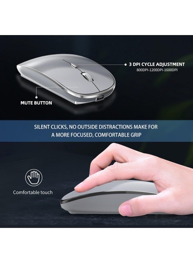 ماوس لاسلكي صامت قابل للشحن بتقنية USB وType-C مزدوجة، مع DPI قابل للتعديل وتصميم محمول لأجهزة اللابتوب وماك بوك والكمبيوتر، فضي - Image 3