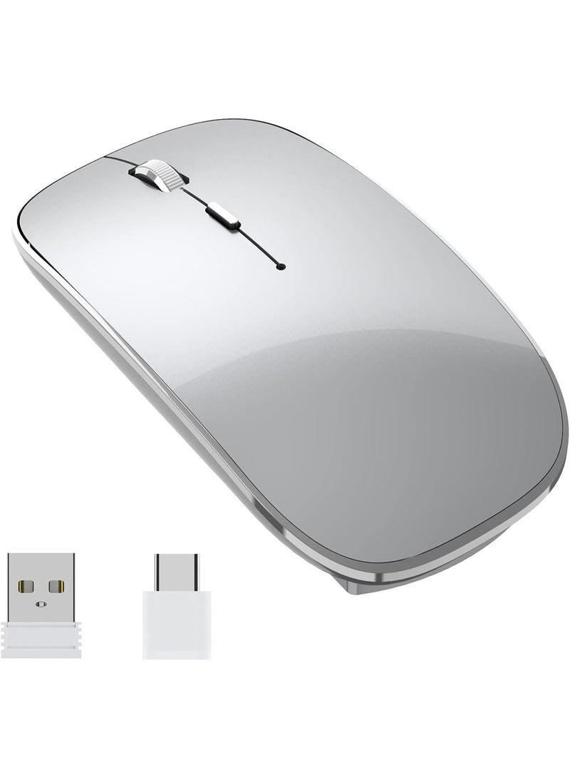 ماوس لاسلكي صامت قابل للشحن بتقنية USB وType-C مزدوجة، مع DPI قابل للتعديل وتصميم محمول لأجهزة اللابتوب وماك بوك والكمبيوتر، فضي - Image 1