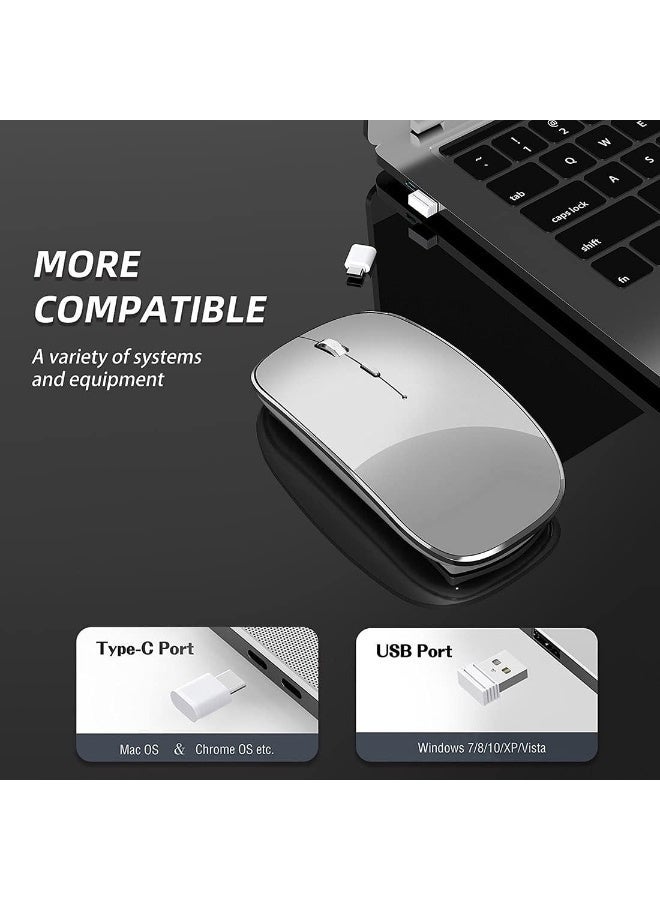 ماوس لاسلكي صامت قابل للشحن بتقنية USB وType-C مزدوجة، مع DPI قابل للتعديل وتصميم محمول لأجهزة اللابتوب وماك بوك والكمبيوتر، فضي - Image 2