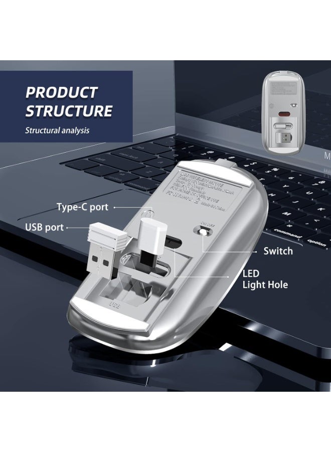 ماوس لاسلكي صامت قابل للشحن بتقنية USB وType-C مزدوجة، مع DPI قابل للتعديل وتصميم محمول لأجهزة اللابتوب وماك بوك والكمبيوتر، فضي - Image 5