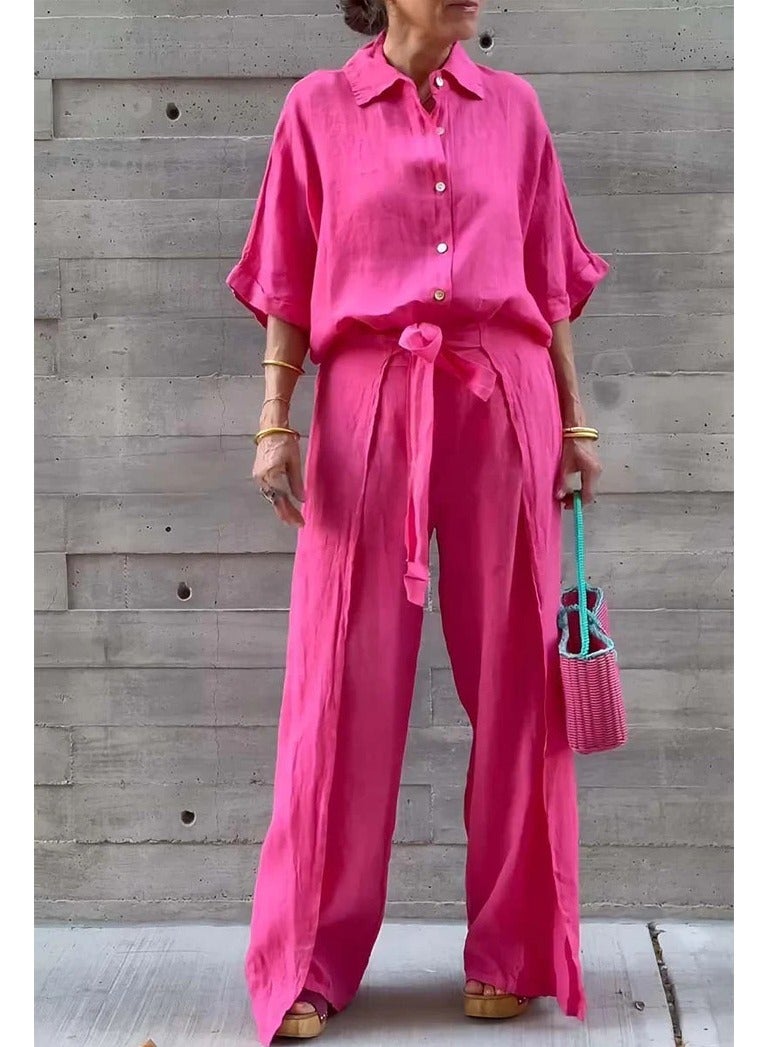 Shougu Casual Solid Color Shirt Belt Wide Leg Irregular Pants Set  - Image 1