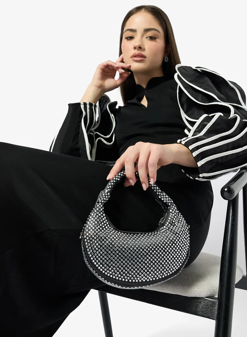 silver rhinestone detailed sparkly metallic handle bag