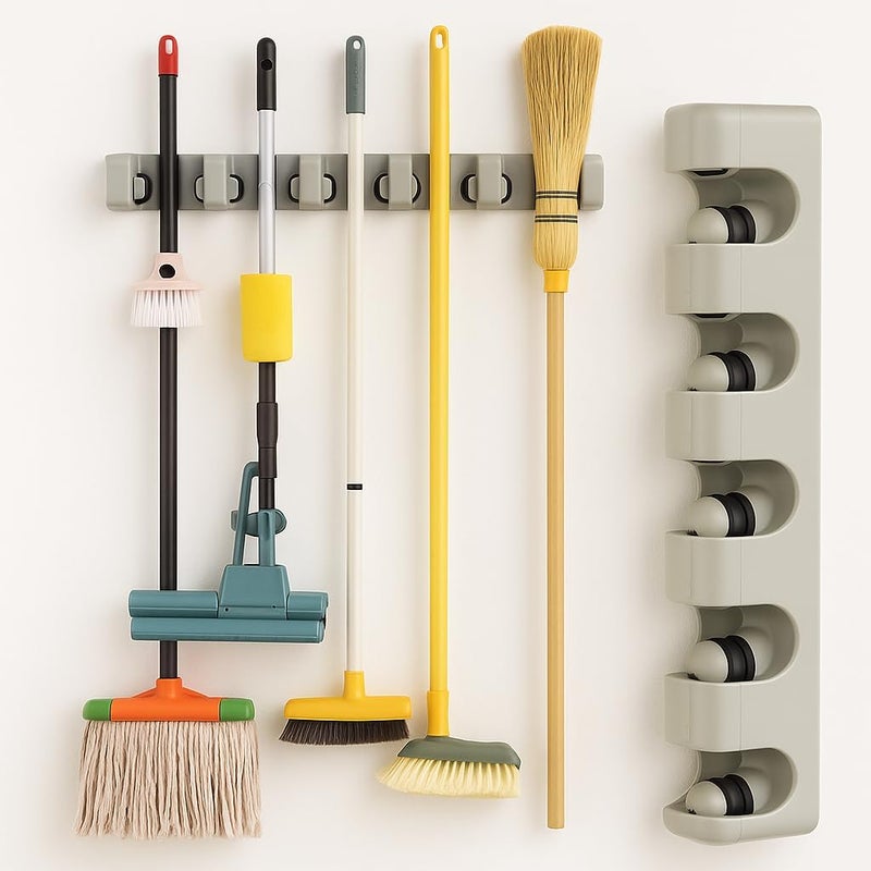 FITTO Wall Mounted Broom Holder – 5-Slot Organizer for Mops, Brushes, and Long-Handled Tools – Durable Plastic, Easy Installation with Screws Included for Home, Garage, Laundry, and More - Image 2