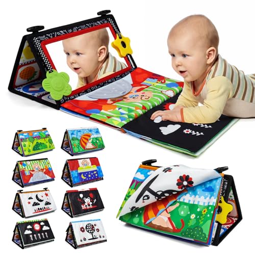Dr.Rapeti Tummy Time Floor Mirror for Baby Infant Toddler Kids Black and White High Contrast Baby Toy with Crinkle Cloth Book Teethers Floor Activity Toy Washable Non-Toxic - Image 1