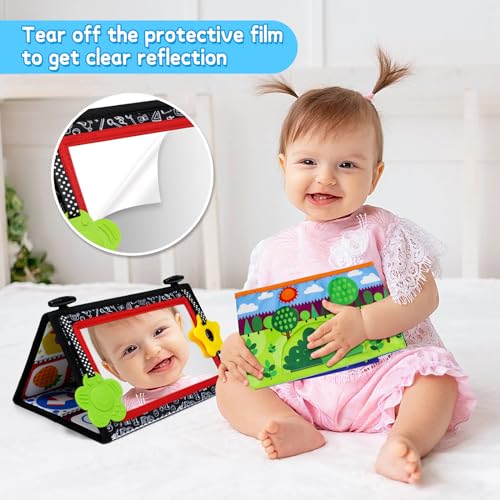 Dr.Rapeti Tummy Time Floor Mirror for Baby Infant Toddler Kids Black and White High Contrast Baby Toy with Crinkle Cloth Book Teethers Floor Activity Toy Washable Non-Toxic - Image 5