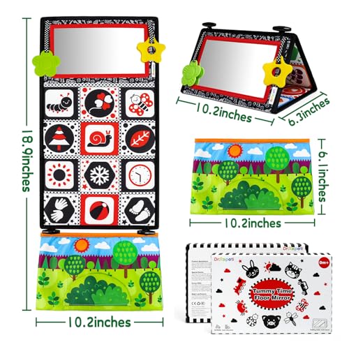 Dr.Rapeti Tummy Time Floor Mirror for Baby Infant Toddler Kids Black and White High Contrast Baby Toy with Crinkle Cloth Book Teethers Floor Activity Toy Washable Non-Toxic - Image 2
