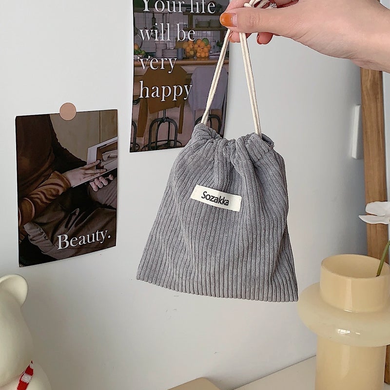 Corduroy Pouch Drawstring Makeup Bag for Women Grey 