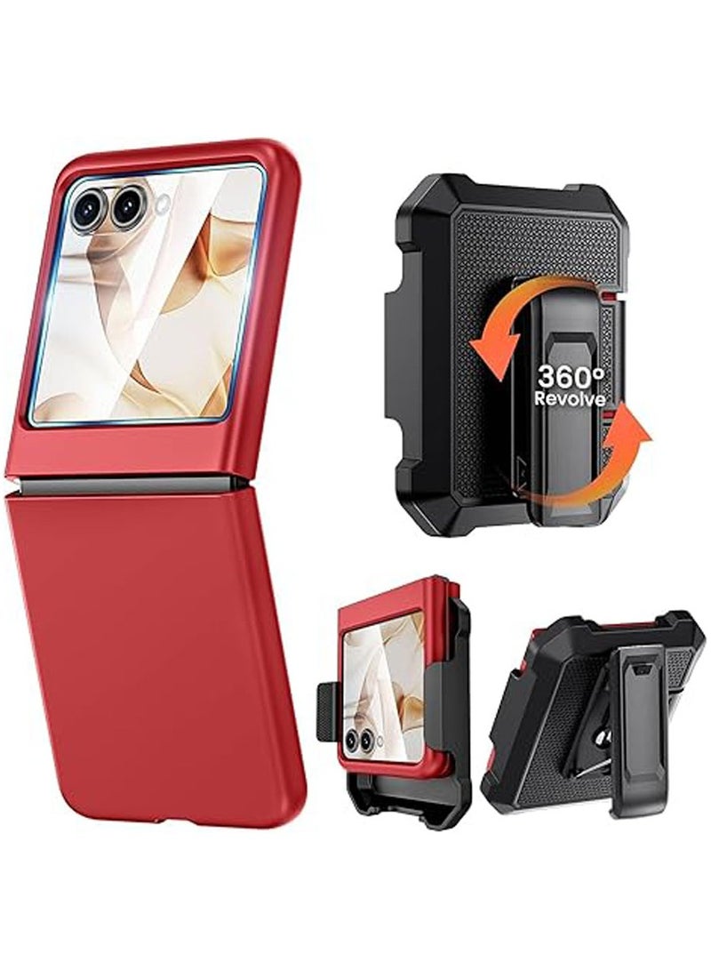 general Case for Motorola Razr 50 Ultra（2024）with Clip and Screen Protector,Slim Thin Flip Phone Cover and Belt Hip Holster Combo Accessories