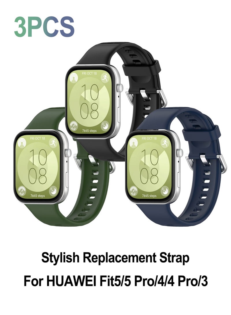 OLYSON 3 Pack Bands for Huawei Watch Fit 5/Fit5 Pro/Fit 4/Fit4 Pro/Fit 3, Strap Replacement Multicolor Soft Silicone Watch Bands, Perfect Durable Wristband, Black, Midnight Blue, Military Green - Image 1