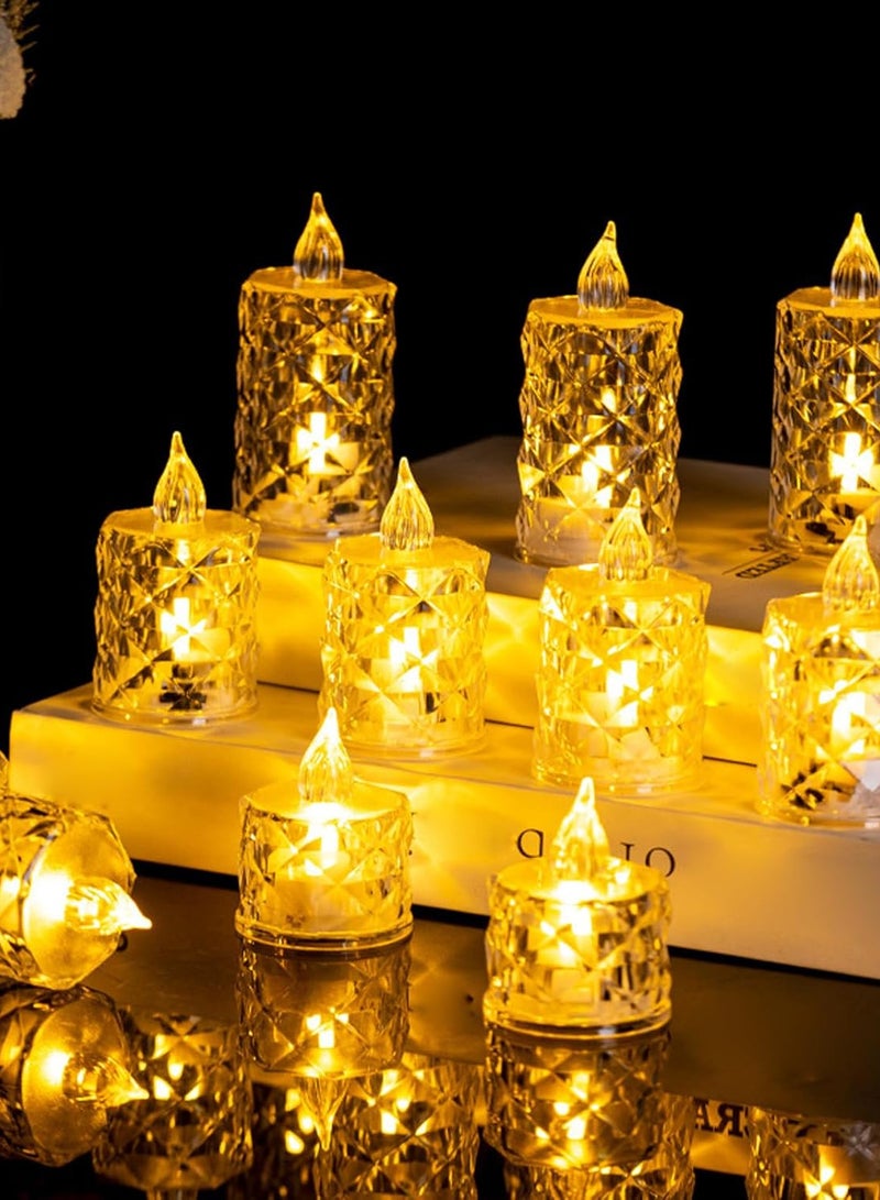 شمعة ضوء الشاي LED كريستالية متلألئة، 12 قطعة، شموع أكريليك مزخرفة خالية من الدخان وغير قابلة للاشتعال لتزيين المنزل لمناسبة ديوالي، ذكرى سنوية (صفراء، 2 بوصة، 6 قطع)