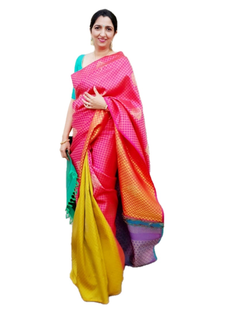 Grab Mantra Pure Kanjivaram Silk Saree Tri Colour Pink Base Yellow Pleats And Turquoise Green Pallu With Green Medium Size Blouse  - Image 1