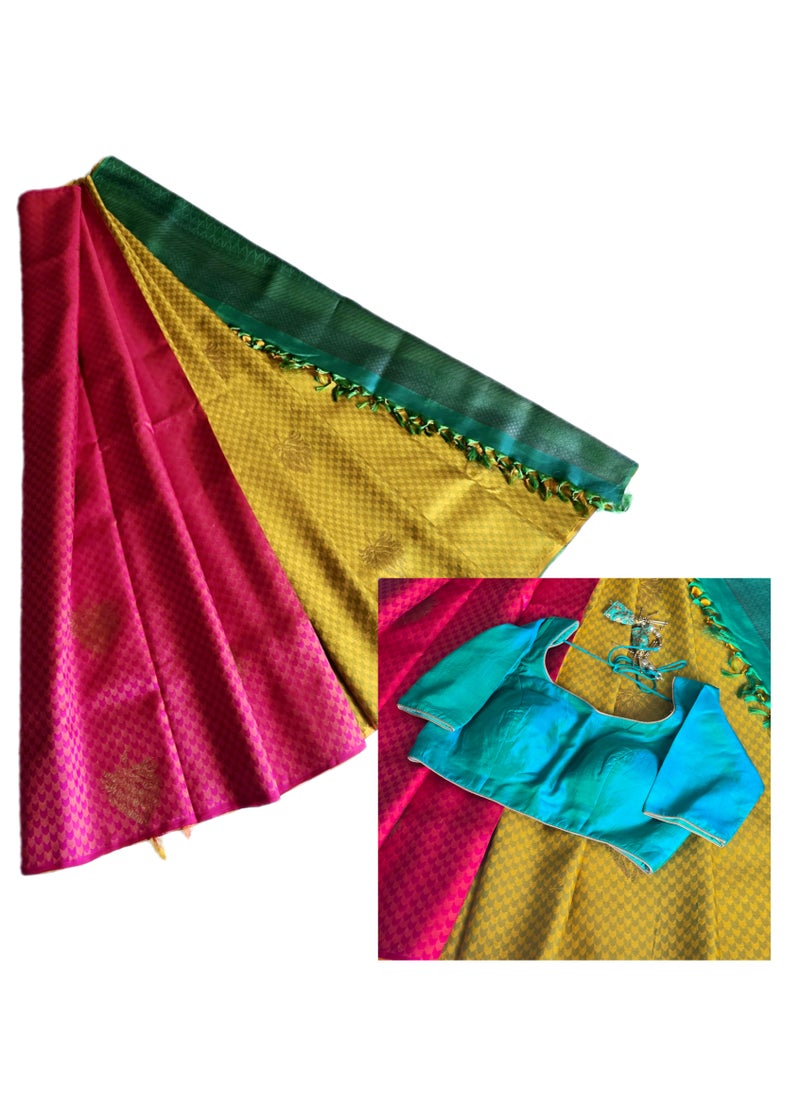 Grab Mantra Pure Kanjivaram Silk Saree Tri Colour Pink Base Yellow Pleats And Turquoise Green Pallu With Green Medium Size Blouse  - Image 2