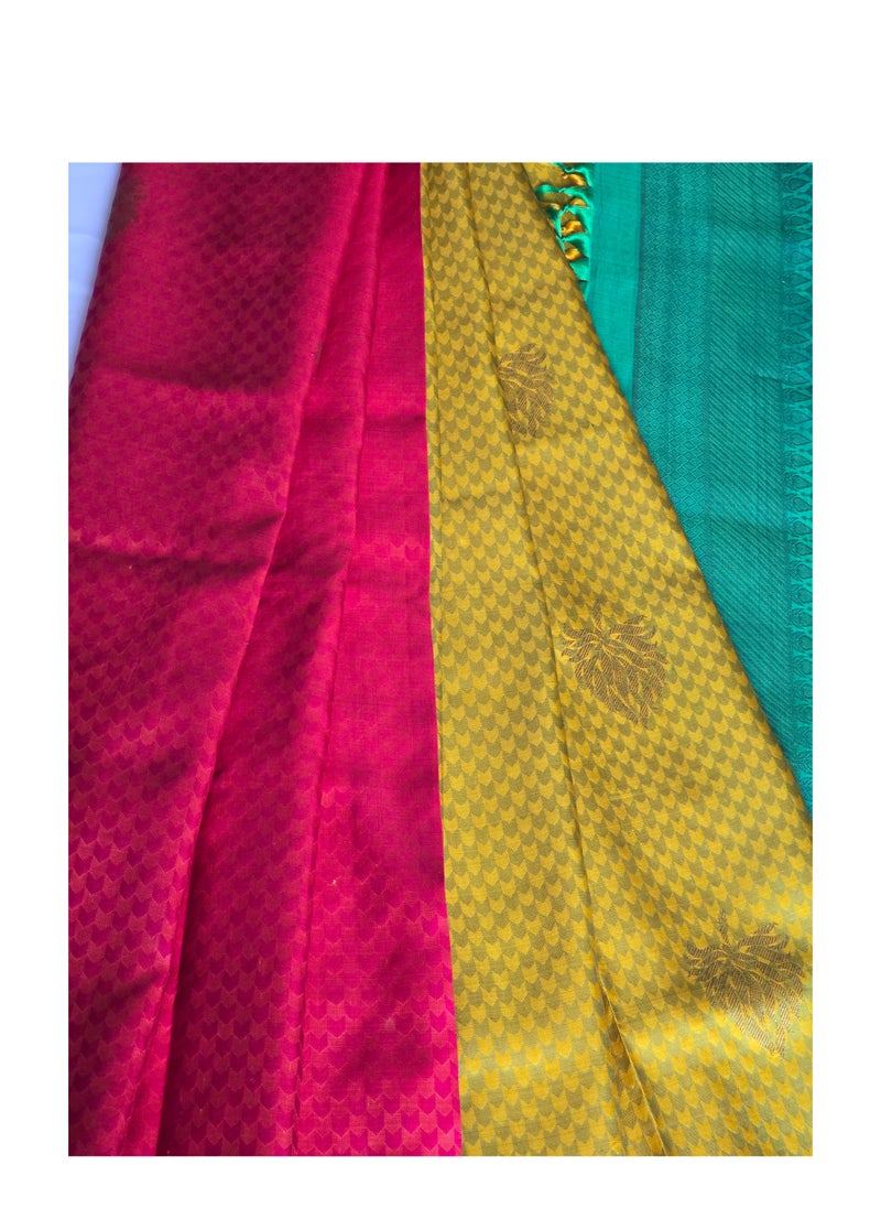 Grab Mantra Pure Kanjivaram Silk Saree Tri Colour Pink Base Yellow Pleats And Turquoise Green Pallu With Green Medium Size Blouse  - Image 4