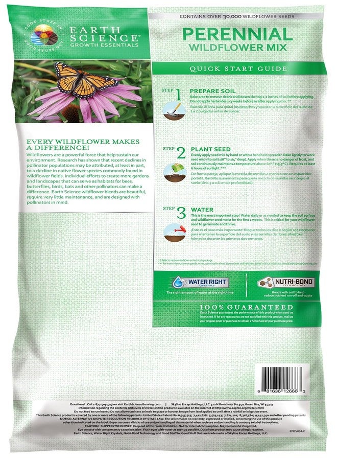Earth Science Perennial Wildflower Mix - 3-in-1 Formula with Premium Wildflower Seeds, Plant Food and Soil Conditioners - Non-GMO, Natural Ingredients (6lb) - Image 2
