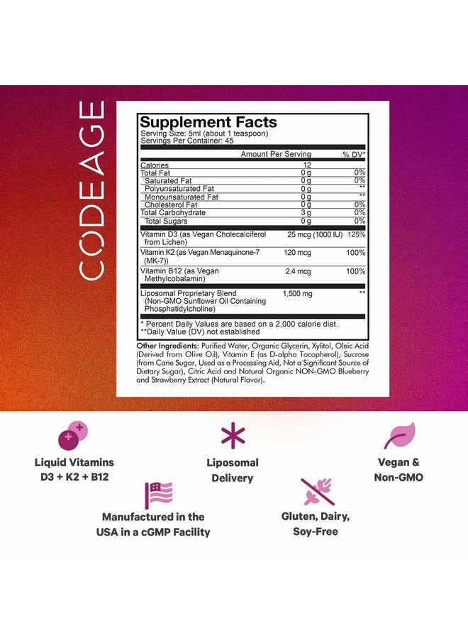 Codeage Liposomal Wonder-D, Vegan Cholecalciferol Vitamin D3 1000 IU Liquid Drops Supplement, Plant-Based Vitamins B12 & K2, Non-GMO Sunflower Phospholipids, Vitamin E, Mixed Berry Flavor, 7.6 fl oz - Image 2