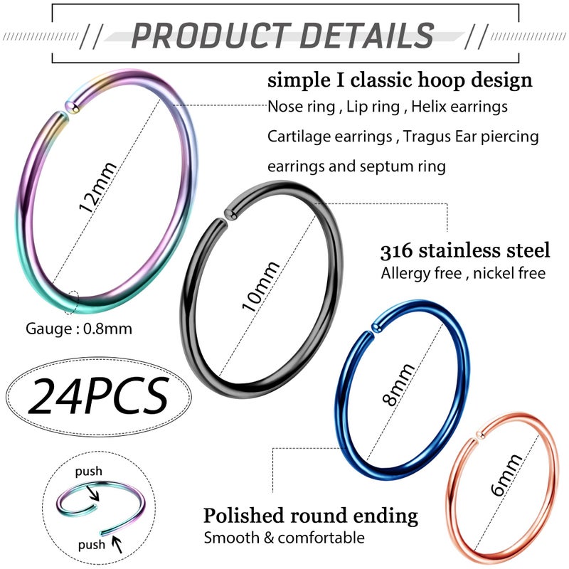 LOYALLOOK 18/24Pcs Hypoallergenic Nose Rings Hoops 316L Surgical Stainless Steel Lightweight Small Piercing Jewelry for Women Men Cartilage Tragus Helix Colored - Image 2