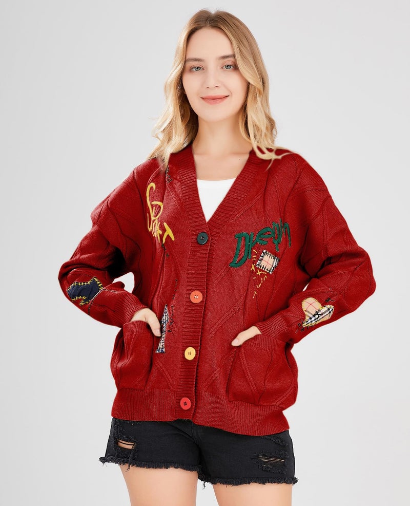 ebossy Women's Cable Knit Long Sleeve Open Front Cardigan Sheep V-Neck Button Down Embroidery Wool Blend Sweater Coat Outwear (S,Red) - Image 2
