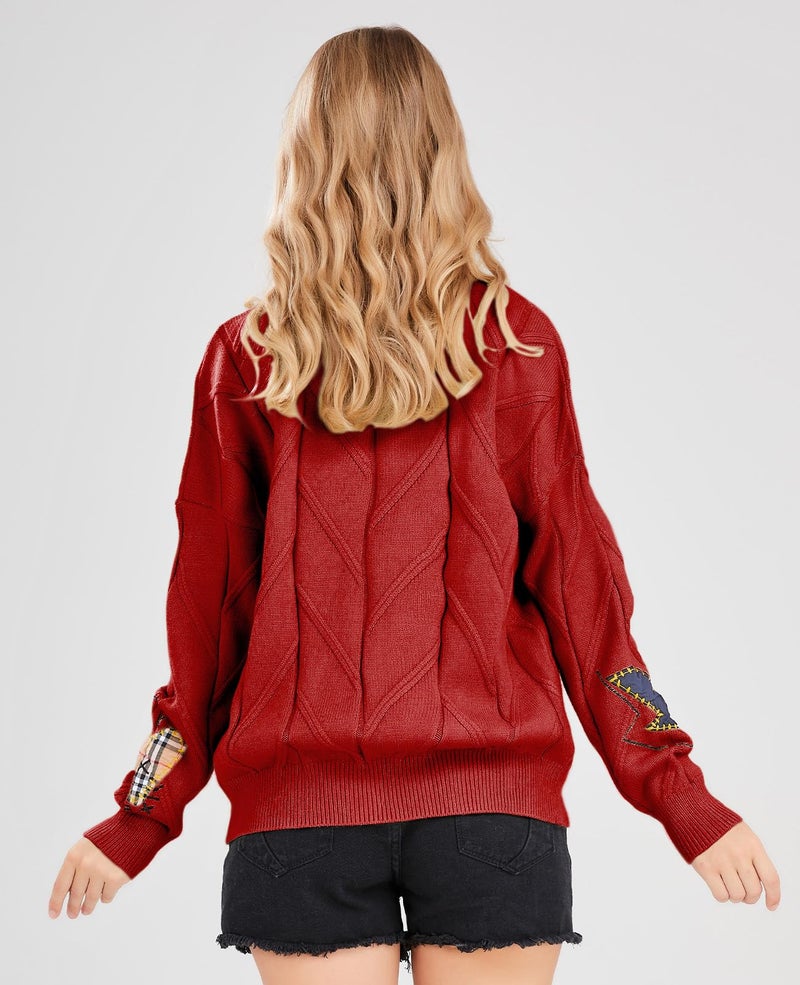 ebossy Women's Cable Knit Long Sleeve Open Front Cardigan Sheep V-Neck Button Down Embroidery Wool Blend Sweater Coat Outwear (S,Red) - Image 3