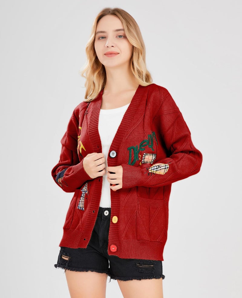 ebossy Women's Cable Knit Long Sleeve Open Front Cardigan Sheep V-Neck Button Down Embroidery Wool Blend Sweater Coat Outwear (S,Red) - Image 4