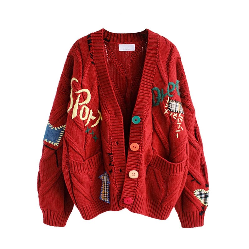 ebossy Women's Cable Knit Long Sleeve Open Front Cardigan Sheep V-Neck Button Down Embroidery Wool Blend Sweater Coat Outwear (S,Red) - Image 5