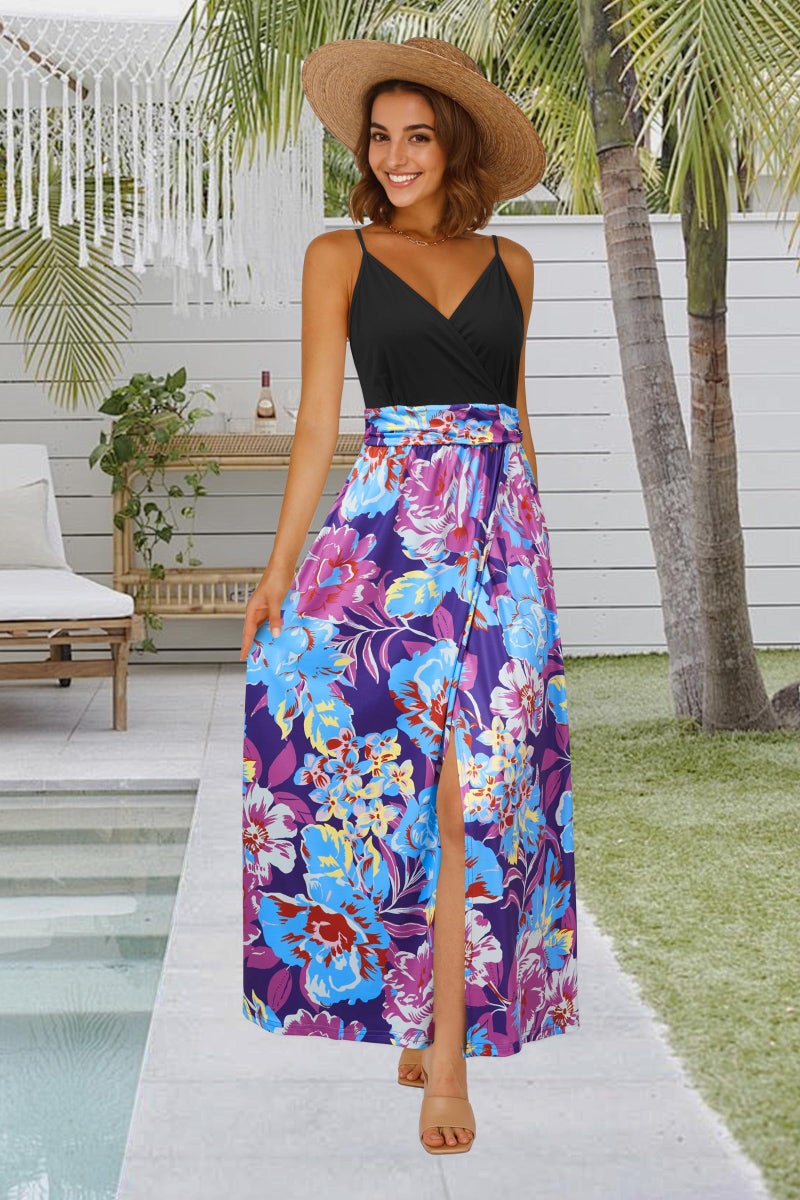 Newshows Women's 2026 Summer Maxi Dress Spaghetti Strap Spring Casual Boho V Neck Split Beach Long Flowy ding Guest Dresses Semi Formal Dresses Trendy(Blue Purple Colorful Floral,M) - Image 4