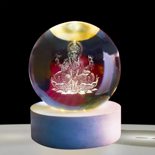 Oblivion 3D Universe Shree Ganesh Crystal Ball Night Light Glass Space Galaxy LED Lamp with Wooden Base 3D Engraved Solar System Crystal Ball for Home Decoration (Ganesh) - Image 4
