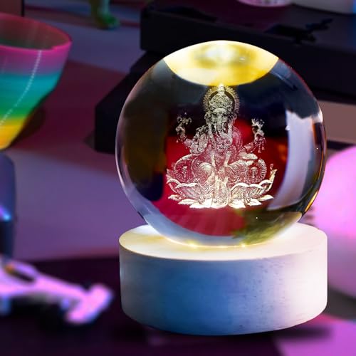 Oblivion 3D Universe Shree Ganesh Crystal Ball Night Light Glass Space Galaxy LED Lamp with Wooden Base 3D Engraved Solar System Crystal Ball for Home Decoration (Ganesh) - Image 1
