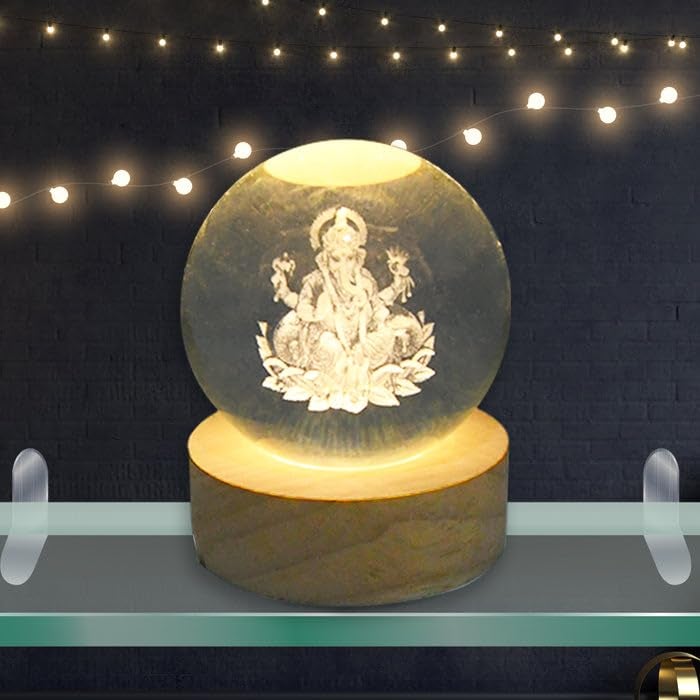 Oblivion 3D Universe Shree Ganesh Crystal Ball Night Light Glass Space Galaxy LED Lamp with Wooden Base 3D Engraved Solar System Crystal Ball for Home Decoration (Ganesh) - Image 3