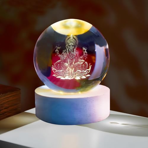 Oblivion 3D Universe Shree Ganesh Crystal Ball Night Light Glass Space Galaxy LED Lamp with Wooden Base 3D Engraved Solar System Crystal Ball for Home Decoration (Ganesh) - Image 5