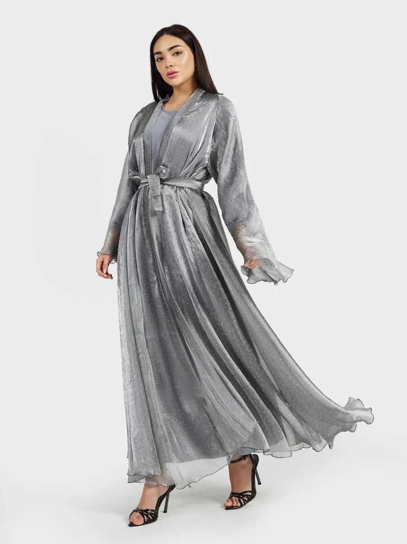 Reem Abayas Shimmer Silver Organza Abaya with Sheer Hijab