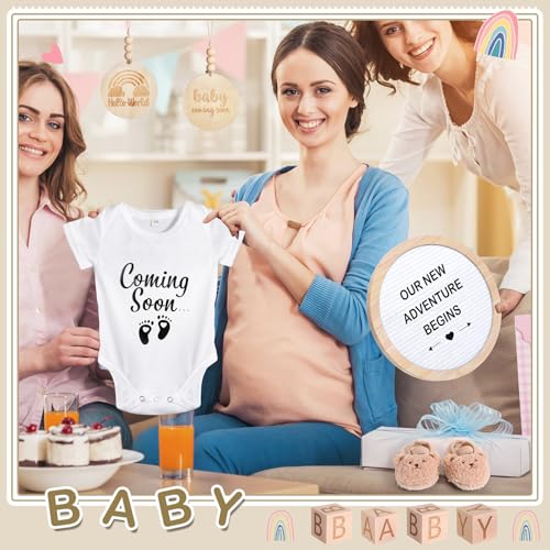 Canlierr 8 Pcs Pregnancy Announcement Set Pregnancy Reveal Ideas Include Felt Letter Round Board Kit Baby Bodysuit Booties Wood Blocks Wooden Signs for Coming Soon Baby Announcement(White) - Image 5