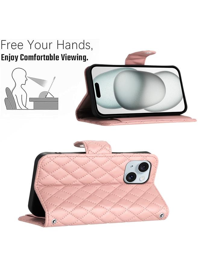 S-TOP Case For iPhone 15 Plus Rhombic Texture Flip Leather Phone Case with Lanyard - Image 4