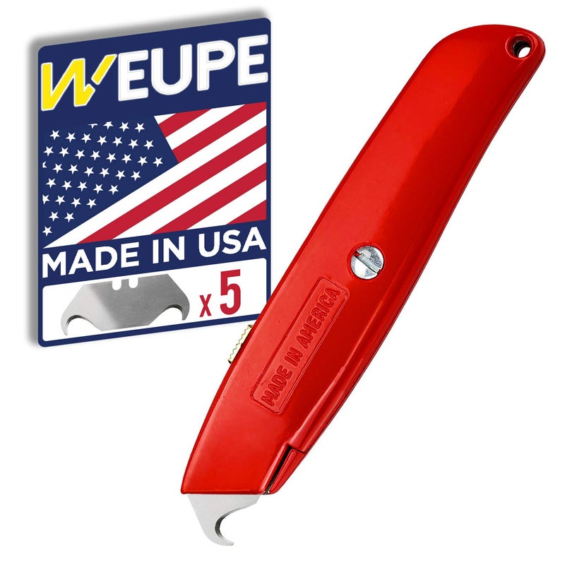 WEUPE Hook Blade Utility Knife with 5 Utility Hook Blades, Carpet Knife, Shingle Cutter Roofing Knife, Made in USA - Image 1