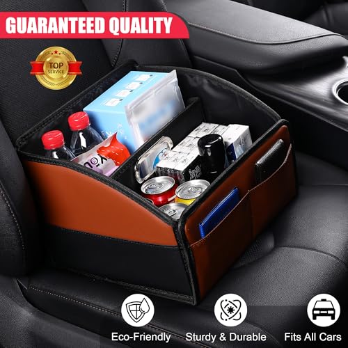 Uplien [2025 UPDATED] Leather Car Seat Organizer, Foldable Storage Box for Front Seat, Back Seats & Floor – Removable Divider, Metal Handle, Adjustable Anti-Slip Strap for Kids & Adults (Black & Brown) - Image 2