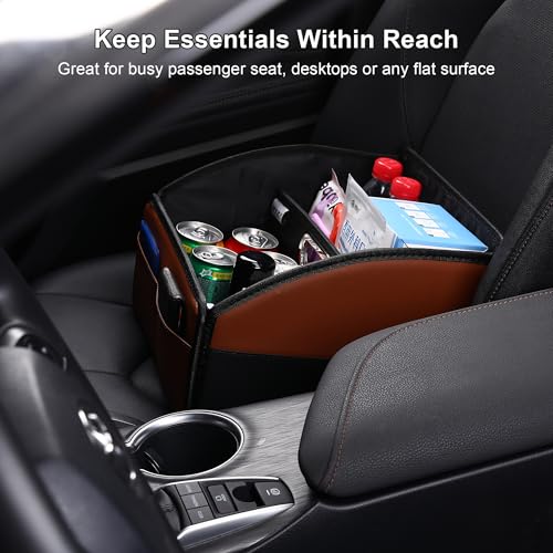 Uplien [2025 UPDATED] Leather Car Seat Organizer, Foldable Storage Box for Front Seat, Back Seats & Floor – Removable Divider, Metal Handle, Adjustable Anti-Slip Strap for Kids & Adults (Black & Brown) - Image 3