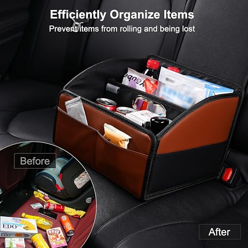 Uplien [2025 UPDATED] Leather Car Seat Organizer, Foldable Storage Box for Front Seat, Back Seats & Floor – Removable Divider, Metal Handle, Adjustable Anti-Slip Strap for Kids & Adults (Black & Brown) - Image 5