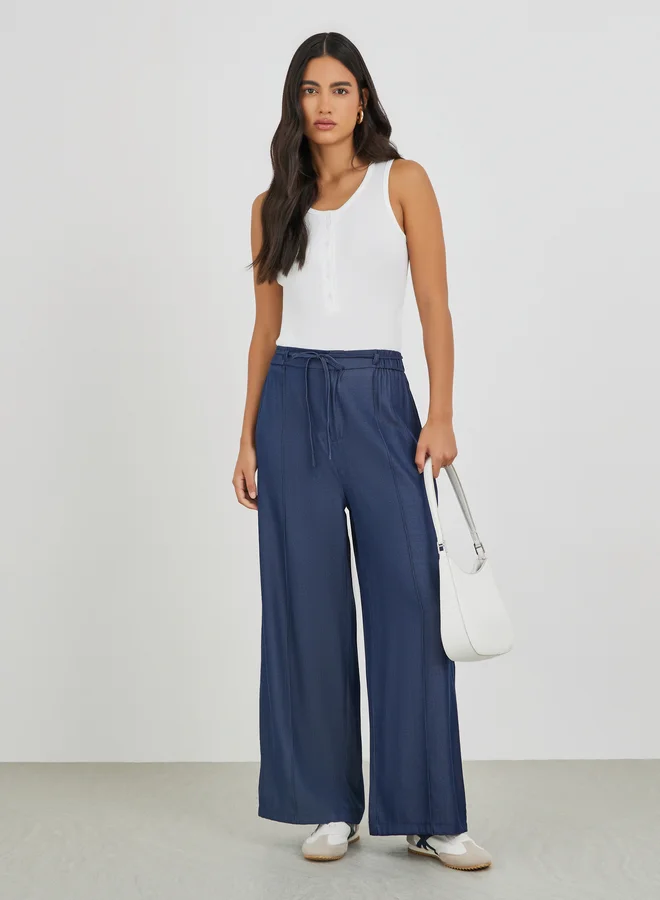 ستايلي Styli Elasticated Waistband Wide Leg Jeans with Drawstring