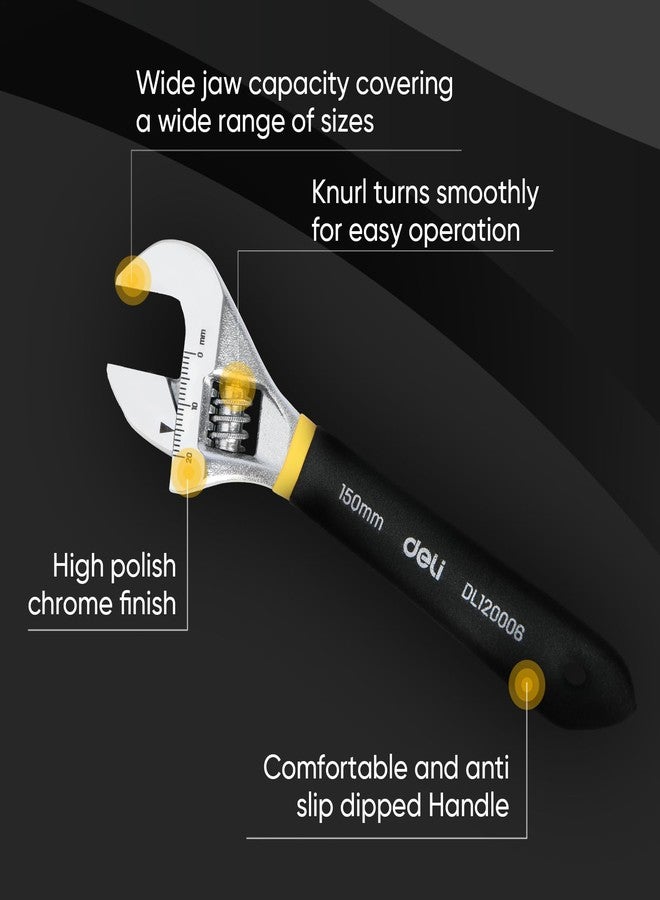 deli 6" Adjustable Wrench Heavy-Duty Chrome Anti-Slip Grip, Smooth-Jaw, Cr-V Steel, Wide Opening for Plumbing & DIY - Image 4
