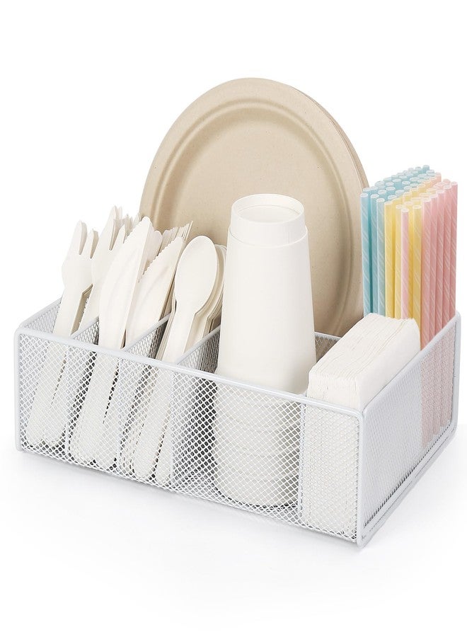 Honlibey Paper Plate and Utensil Holder Caddy, Metal Silverware Utensil Caddy for Party, Camping, Picnic with 6 Compartments, Outdoor Cutlery Holder for Cup, Napkin, Plates,Plastic Silverware - Image 1