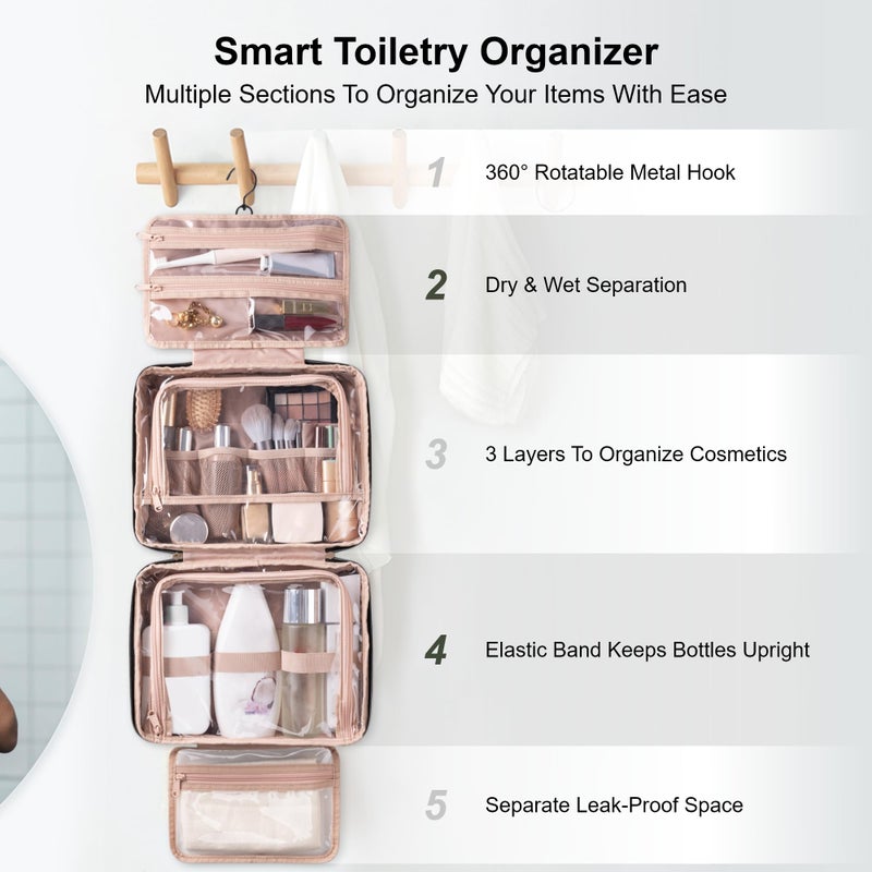 Everfun حقيبة مستحضرات التجميل المعلقة للسفر للنساء مع قسم مقاوم للتسرب ومنظم مستحضرات التجميل وحقائب السفر الأساسية التي يجب أن تتوفر - Image 2