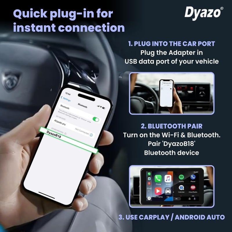 Dyazo 2-in-1 Wireless Car Adapter for Apple CarPlay & Android Auto | Plug & Play Bluetooth Connection | Converts Wired System to Wireless | Fast Stable Performance | Compatible with iOS & Android - Image 3